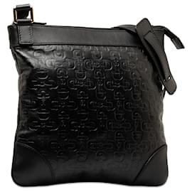 Gucci-Gucci Black Embossed Leather Horsebit Crossbody Bag-Black