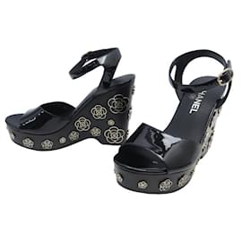 Chanel-NEW CHANEL SHOES CAMELIA G WEDGE SANDALS31755 38 LEATHER + BOX-Black