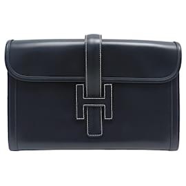 Hermès-NEW VINTAGE HERMES JIGE ELAN HANDBAG 29 PM BOX CLUTCH LEATHER POUCH-Navy blue