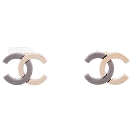 Chanel-BOUCLES D'OREILLES CHANEL LOGO CC BICOLORE PUCES METAL NOIR & DORE EARRINGS-Doré