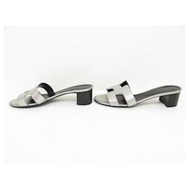 Hermès-HERMES OASIS H HEEL MULES SHOES201144Z 39 SILVER EPSOM LEATHER SHOES-Silvery