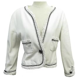Chanel-VINTAGE SHORT CHANEL JACKET WITH CC LOGO BUTTONS AND TRIM L 44 COTTON JACKET-White