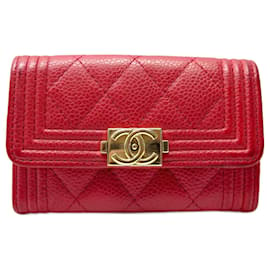 Chanel-CHANEL BOY CARD HOLDER RED CAVIAR LEATHER WALLET-Red