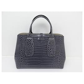 Longchamp-NOVA BOLSA LONGCHAMP CABAS ROSEAU M 10058BOLSA DE MÃO HTS CROCO COURO-Cinza antracite