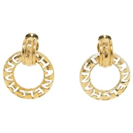 Chanel-VINTAGE CHANEL CREOLES LOGO CLIPS EARRINGS 1990-1991 METAL EARRINGS-Golden