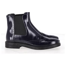 Tod's-Tod's Brogue-Detail Chelsea Boots in Navy Blue Leather-Navy blue