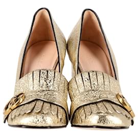 Gucci-Zapatos de tacón con flecos Gucci GG Marmont en cuero dorado-Dorado