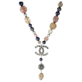 Chanel-Silver Tone Chanel 2006 CC RHINESTONE, Faux Pearls & Beads Necklace-Metallic