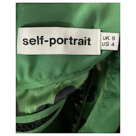 Self portrait-Abito midi plissettato floreale con spalle scoperte autoritratto in poliestere verde-Verde