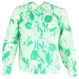 Autre Marque-Rixo Floral Print Long Sleeve Button-Up Top in Green Cotton-Green