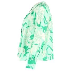 Autre Marque-Rixo Floral Print Long Sleeve Button-Up Top in Green Cotton-Green