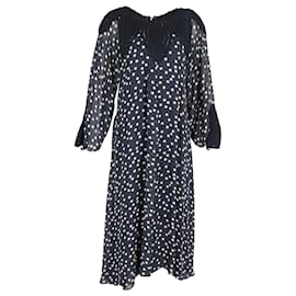 Autre Marque-Rixo London Irene Crochet-Paneled Polka Dot Midi Dress in Navy Blue Viscose-Navy blue