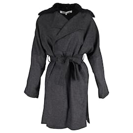 Alexander Mcqueen-McQ Faux Fur Collar Check Kimono Wrapped Coat in Grey Wool-Grey