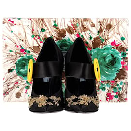 Prada-Prada Embellished Gold And Crystal Heel Pumps in Black Satin-Black