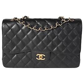 Chanel-Chanel Black Quilted Caviar Jumbo Classic Single Flap Bag-Schwarz