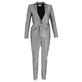 Saint Laurent Pinstripe Suit Set in Silver Polyester Silvery Metallic