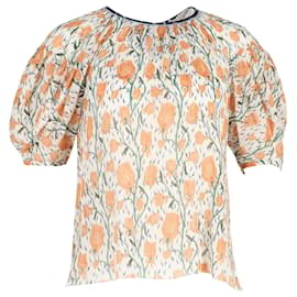 Chloé-Chloe Floral-Print Puff-Sleeve Top in Orange Silk-Orange