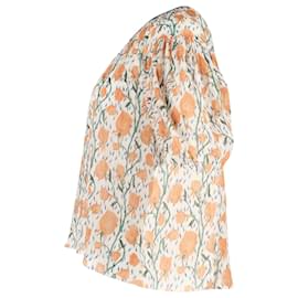 Chloé-Chloe Floral-Print Puff-Sleeve Top in Orange Silk-Orange