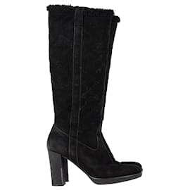 Gucci-Gucci GG Supreme Shearling-Lined Knee-High Boots in Black Suede-Black