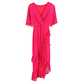 Autre Marque-Saloni Rose Ruffled Polka-Dot Midi Dress in Pink Silk-Pink