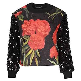 Dolce & Gabbana-Camicetta nera con stampa floreale jacquard e maniche con paillettes-Altro