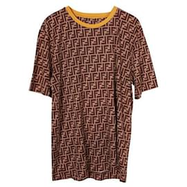 Fendi-Brown Monogram Cotton T-Shirt with Yellow Trim-Brown