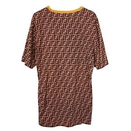 Fendi-T-shirt in cotone con monogramma marrone con finiture gialle-Marrone