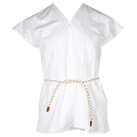 Hermès-Top in cotone bianco con cintura intrecciata in pelle-Bianco