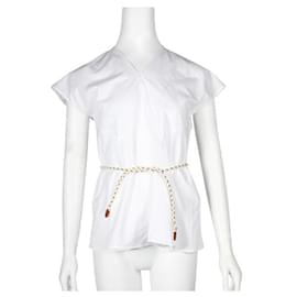 Hermès-Haut en coton blanc avec ceinture tressée en cuir-Blanc