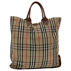 Burberry-BURBERRY Nova Check Hand Bag Canvas Beige Auth bs12410-Beige