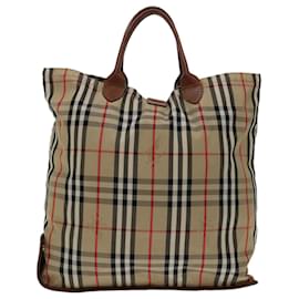 Burberry-BURBERRY Nova Check Hand Bag Canvas Beige Auth bs12410-Beige