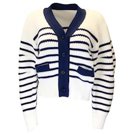 Autre Marque-Sacai White / Navy Blue Striped Knit Cardigan Sweater-White