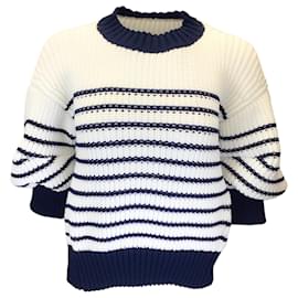 Autre Marque-Sacai Blanc / Pull en tricot à col rond rayé bleu marine à manches bouffantes-Blanc
