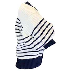 Autre Marque-Sacai White / Navy Blue Striped Puff Sleeved Crewneck Knit Pullover Sweater-White