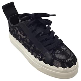 Autre Marque-Chloe Black / White Leather Trimmed Lace Sneakers-Black