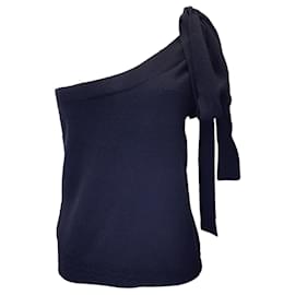 Autre Marque-Chanel, Marineblaues One-Shoulder-Top aus Wollstrick mit Krawattendetail-Blau