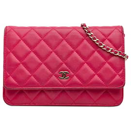Chanel-Portefeuille en cuir d'agneau classique Chanel rose sur sac à bandoulière chaîne-Rose