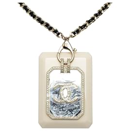 Chanel-White Chanel Crystal Embellished Resin Card Case Pendant Necklace-White