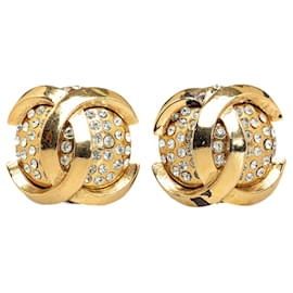 Chanel-Boucles d'oreilles clips en strass Chanel CC dorées-Doré