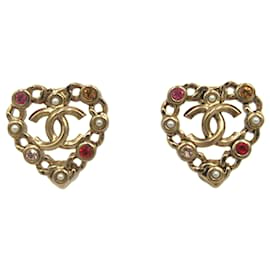 Chanel-Boucles d'oreilles coeur CC en cristal de perles Chanel dorées-Doré