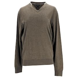 Tommy Hilfiger-Suéter masculino de algodão orgânico e seda com decote em V-Verde