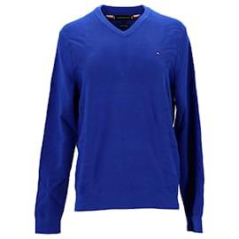 Tommy Hilfiger-Tommy Hilfiger Suéter masculino de algodão puro com decote em V em algodão azul-Azul