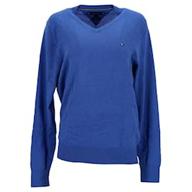 Tommy Hilfiger-Suéter masculino Tommy Hilfiger de algodão e seda com decote em V em algodão azul-Azul