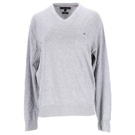 Tommy Hilfiger Suéter masculino de algodão e seda com decote em V Cinza