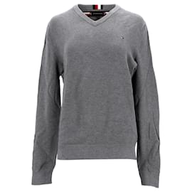 Tommy Hilfiger-Suéter masculino Tommy Hilfiger de algodão texturizado com decote em V em algodão cinza-Cinza