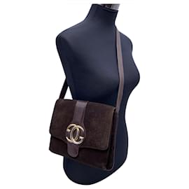 Gucci-Bolsa de ombro vintage com logotipo GG em camurça marrom e couro marrom-Marrom