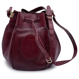 Cartier-Vintage Burgundy Leather Drawstring Bucket Shoulder Bag-Dark red