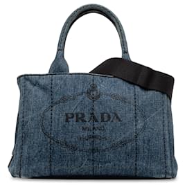 Prada-Prada Blue Canapa Logo Denim Satchel-Blue