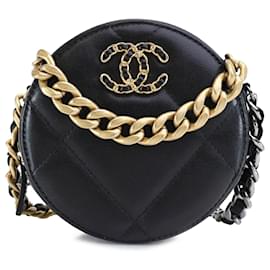 Chanel-Chanel Pele de cordeiro preta 19 Embreagem redonda com corrente-Preto