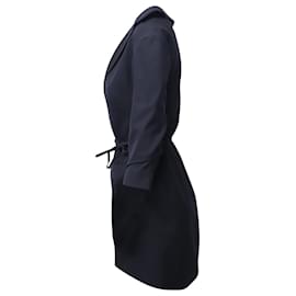 Jacquemus-Jacquemus Mini-robe effet portefeuille à fines rayures en laine bleu marine-Bleu Marine